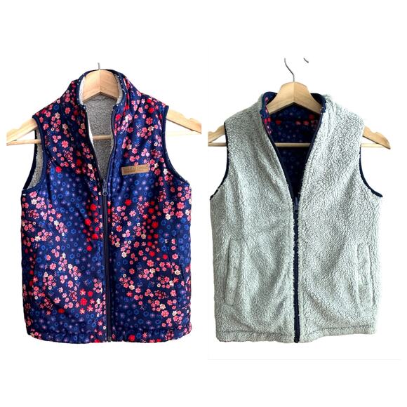 Reversible Vest Floral Buffalo David Bitton 7 8 Girls Blue Floral Sherpa Fleece - Picture 1 of 10
